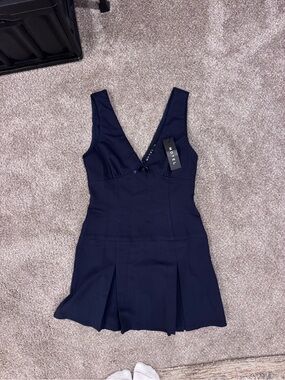 Motel Rocks Navy Deep V  Preppy Pleated Dress